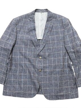 JKT New York Blazer Jacket Mens Size 48R Trent 100% Linen 1/2 Lined Plaid Gray